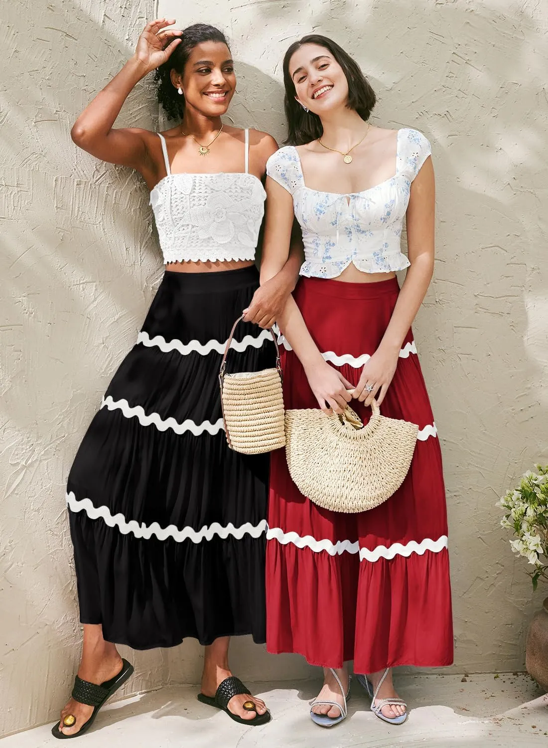 MIHOLL Women's Summer Maxi Skirt Boho Long Elastic High Waist A-Line Flowy Swing Casual Tiered Beach Skirts
