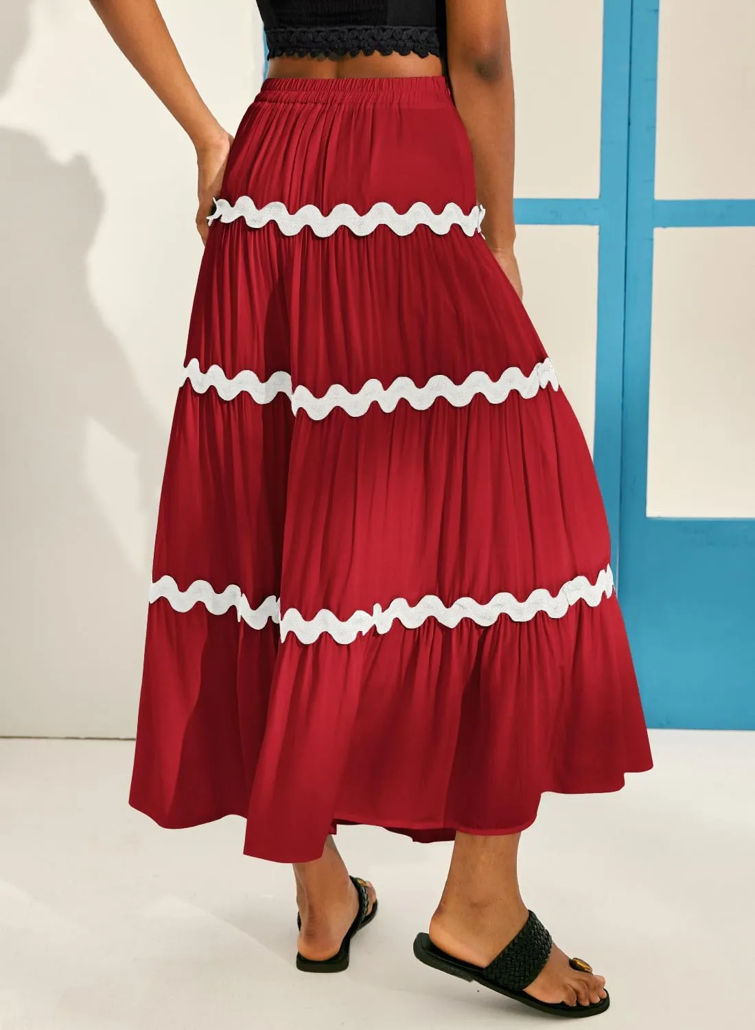 MIHOLL Women's Summer Maxi Skirt Boho Long Elastic High Waist A-Line Flowy Swing Casual Tiered Beach Skirts