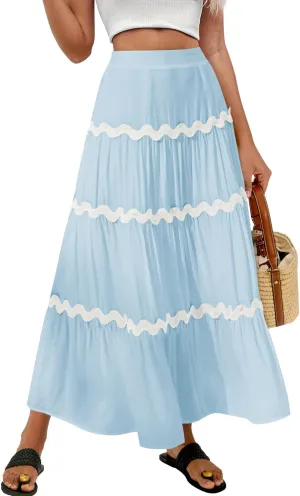 MIHOLL Women's Summer Maxi Skirt Boho Long Elastic High Waist A-Line Flowy Swing Casual Tiered Beach Skirts