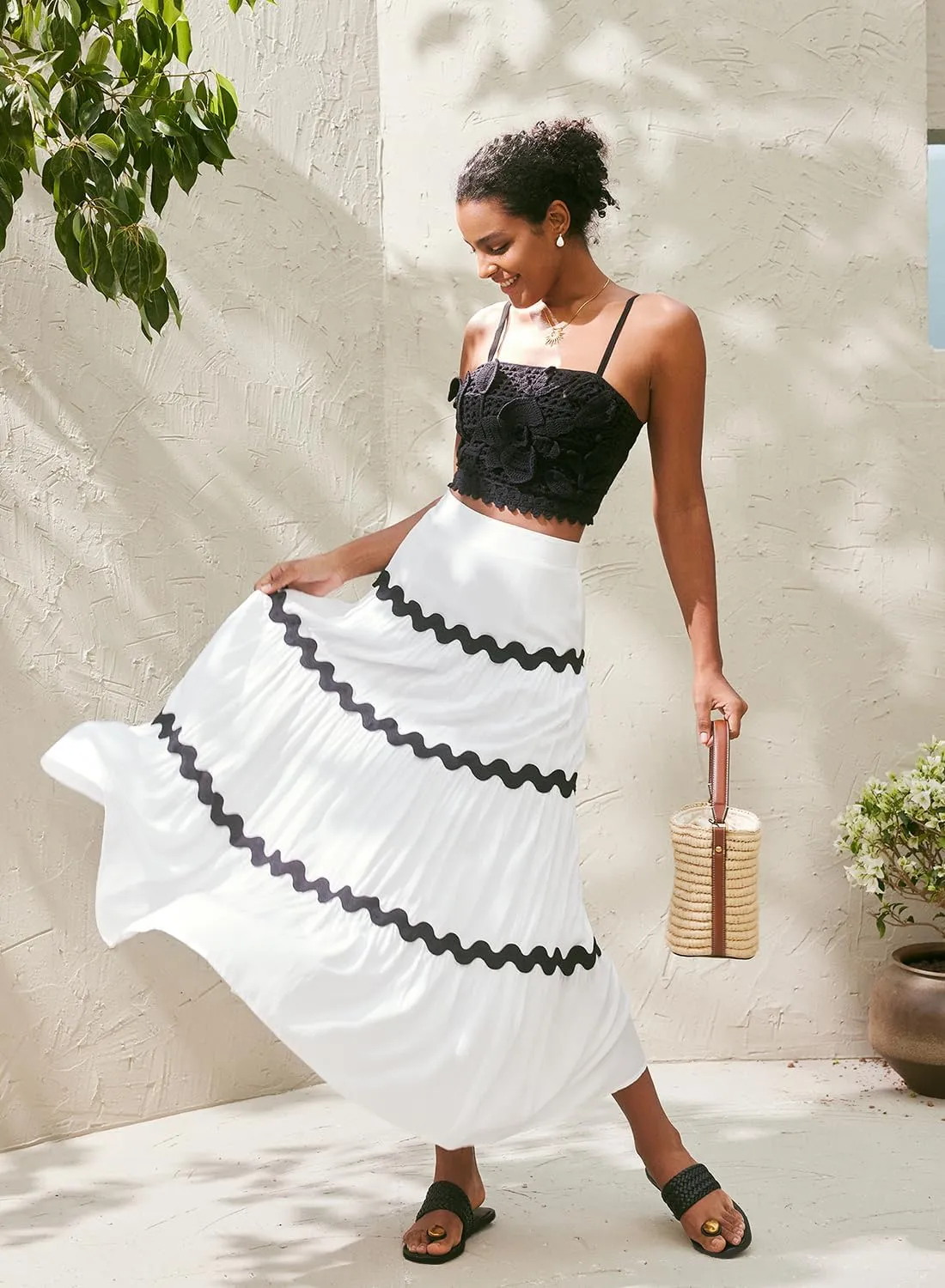 MIHOLL Women's Summer Maxi Skirt Boho Long Elastic High Waist A-Line Flowy Swing Casual Tiered Beach Skirts
