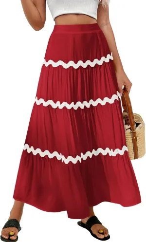 MIHOLL Women's Summer Maxi Skirt Boho Long Elastic High Waist A-Line Flowy Swing Casual Tiered Beach Skirts