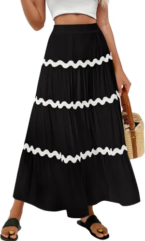 MIHOLL Women's Summer Maxi Skirt Boho Long Elastic High Waist A-Line Flowy Swing Casual Tiered Beach Skirts