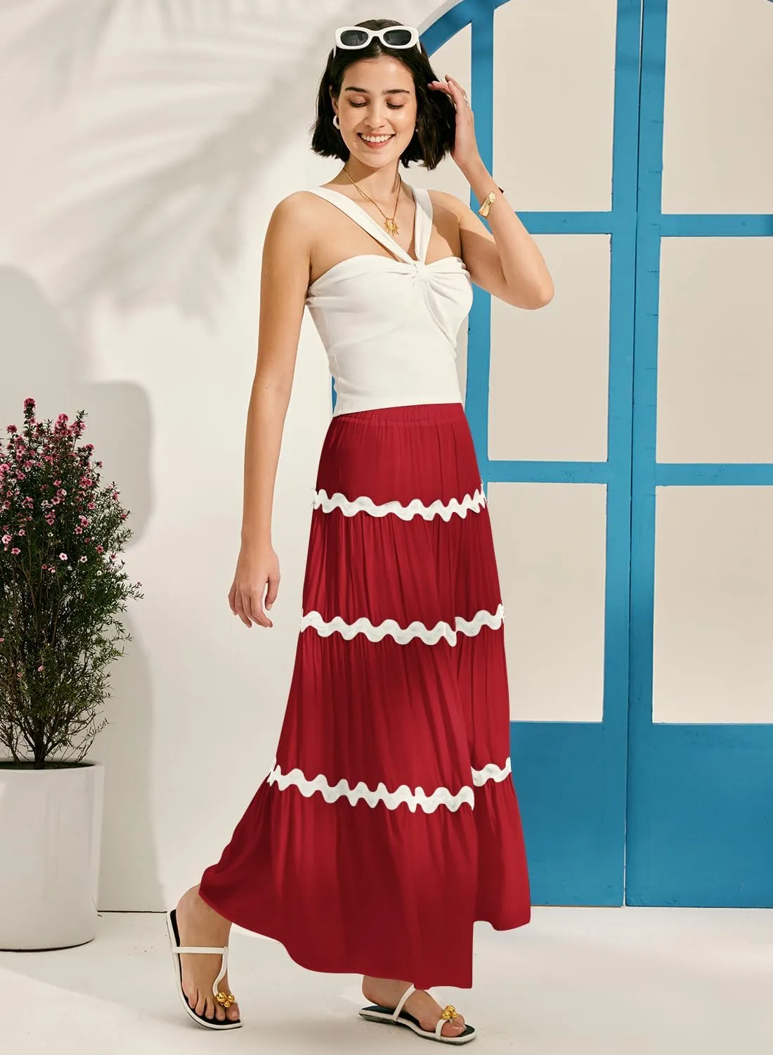 MIHOLL Women's Summer Maxi Skirt Boho Long Elastic High Waist A-Line Flowy Swing Casual Tiered Beach Skirts