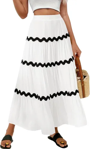 MIHOLL Women's Summer Maxi Skirt Boho Long Elastic High Waist A-Line Flowy Swing Casual Tiered Beach Skirts