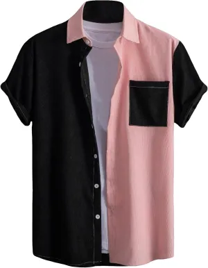 Milumia Men's Casual Button Up Shirt Pocket Short Sleeve Colorblock Blouse Tops