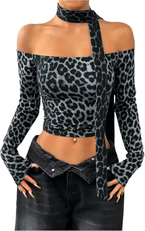 Milumia Women Leopard Print Off Shoulder Long Sleeve Crop Tops with Scarf