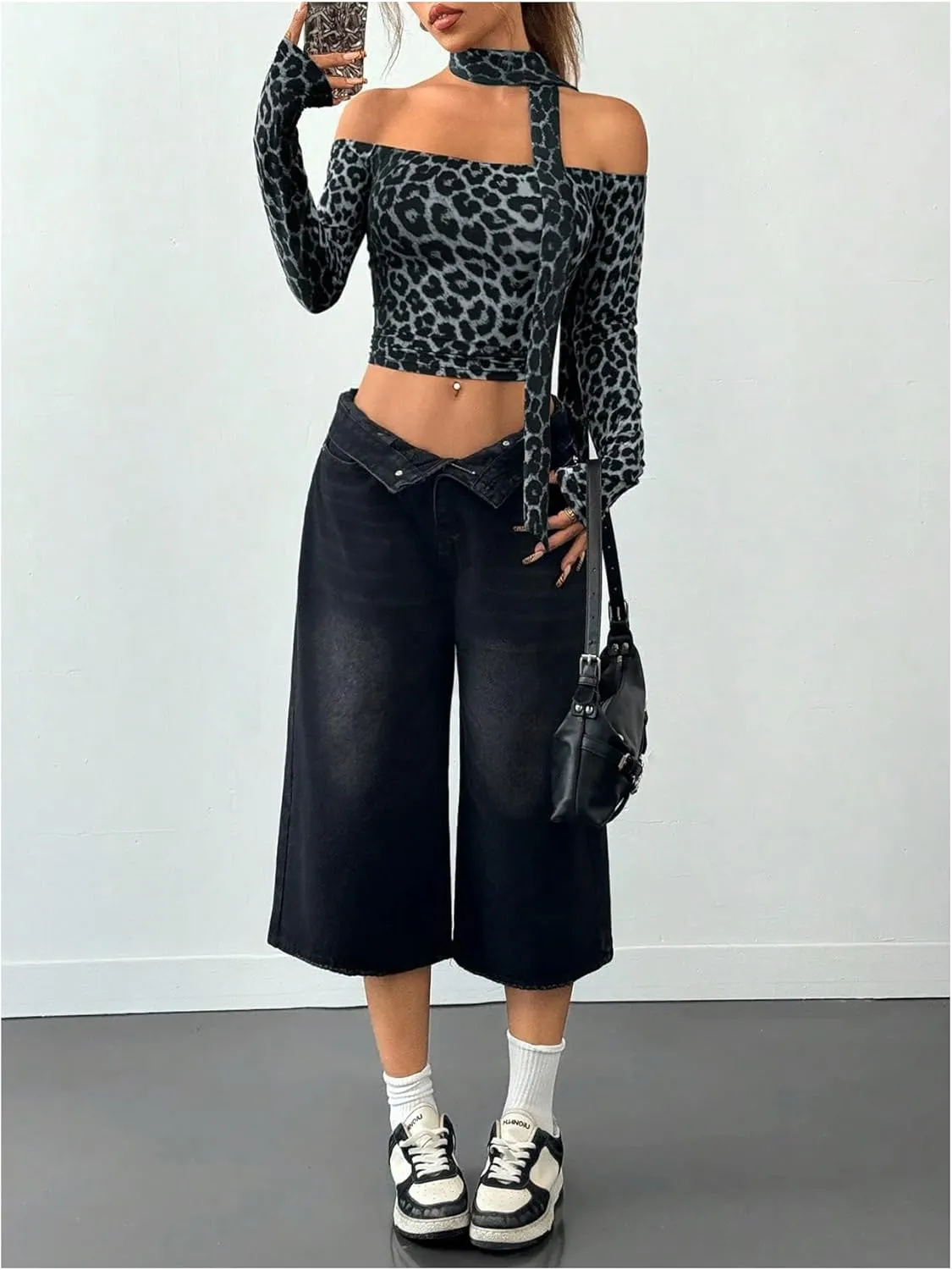 Milumia Women Leopard Print Off Shoulder Long Sleeve Crop Tops with Scarf