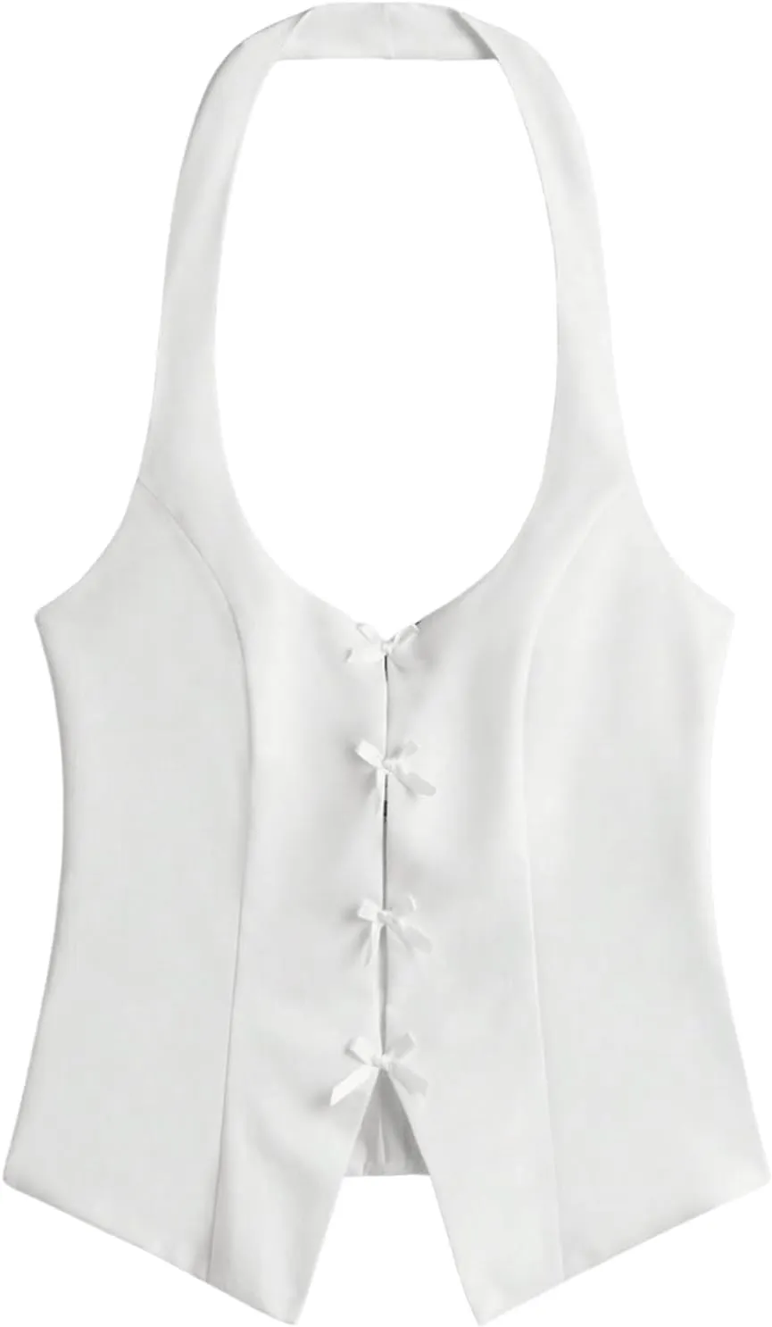 Milumia Women's Backless Halter Crop Top Y2K Bow Front Cut Out Sleeveless Going Out Tank Tops