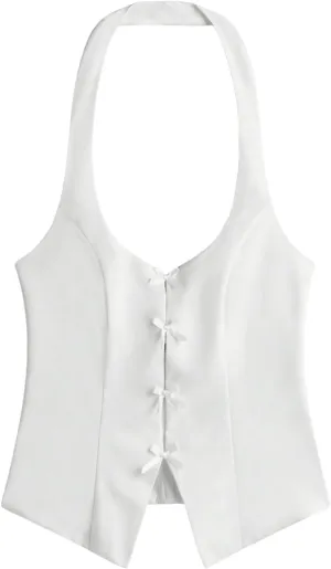 Milumia Women's Backless Halter Crop Top Y2K Bow Front Cut Out Sleeveless Going Out Tank Tops
