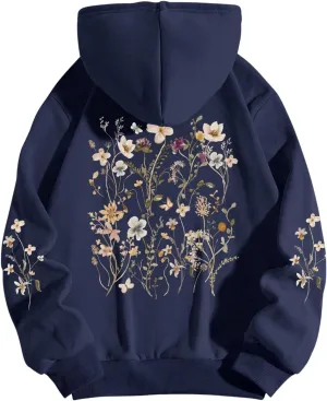 Milumia Women's Floral Print Drawstring Hoodie Drop Shoulder Long Sleeve Pullover Sweatshirt