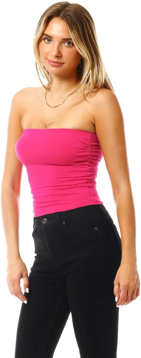 MixMatchy Women's 4 Pack Tube Tops Ruched Side Double Layered Tube Top with Cotton Shelf Bra