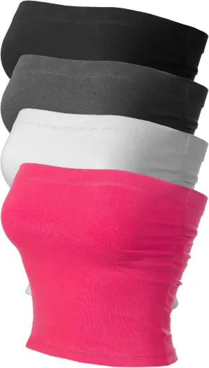 MixMatchy Women's 4 Pack Tube Tops Ruched Side Double Layered Tube Top with Cotton Shelf Bra