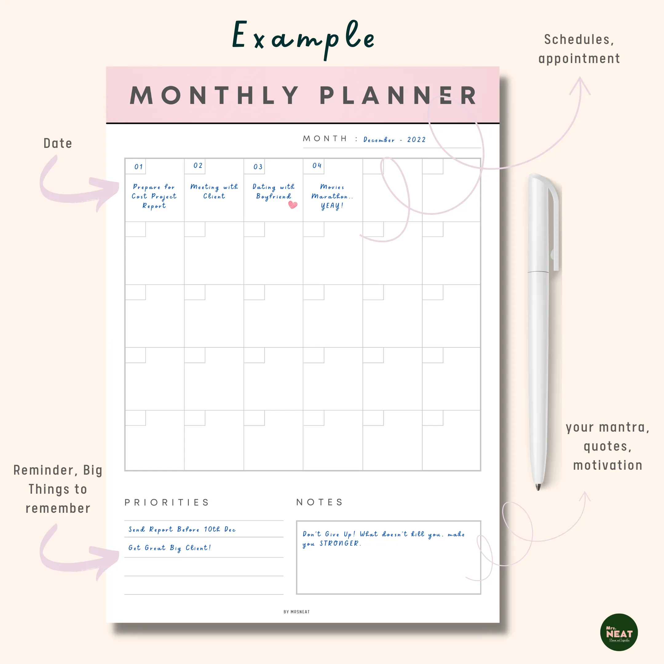 Monthly Planner Printable in 7 Colors - M031
