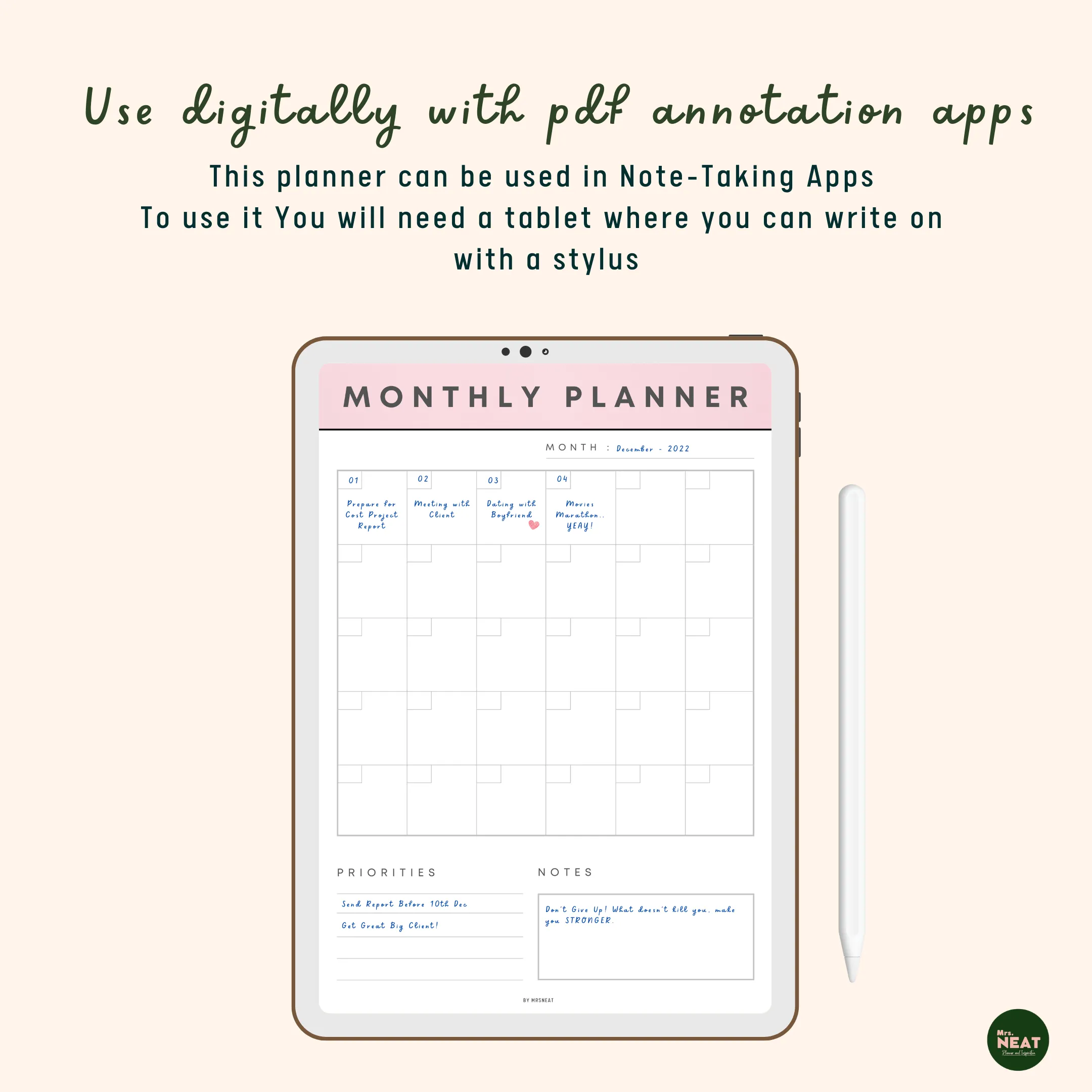 Monthly Planner Printable in 7 Colors - M031