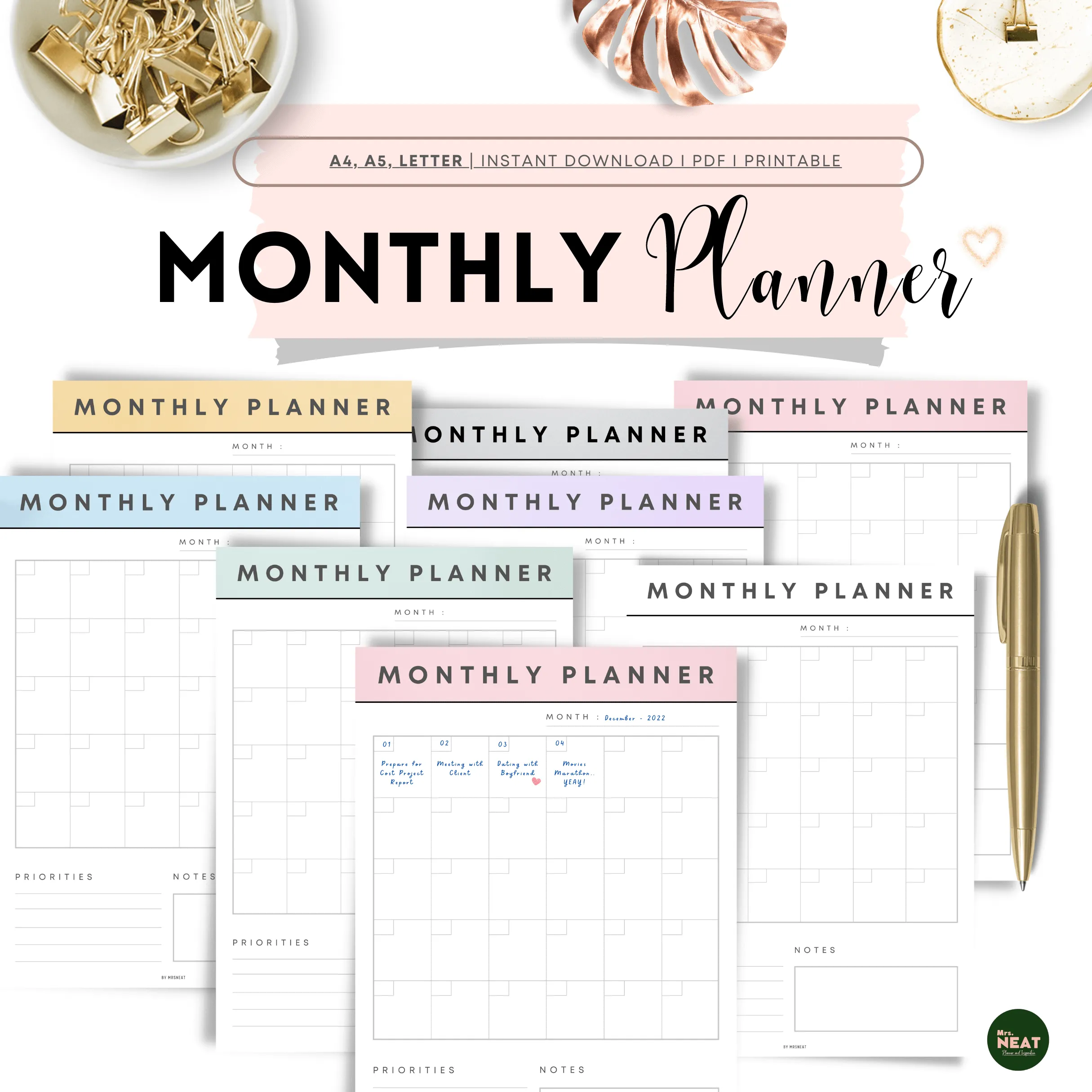 Monthly Planner Printable in 7 Colors - M031