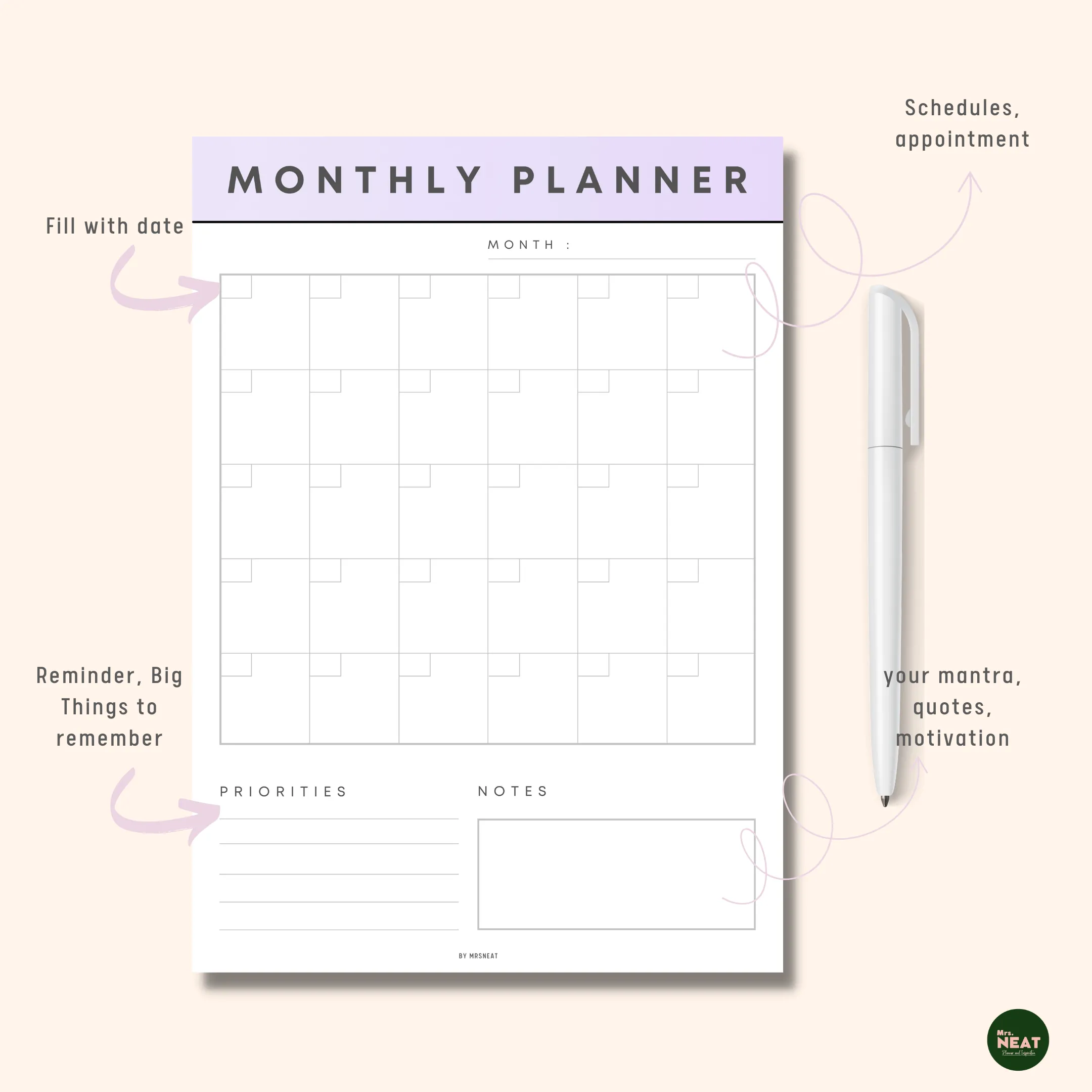 Monthly Planner Printable in 7 Colors - M031