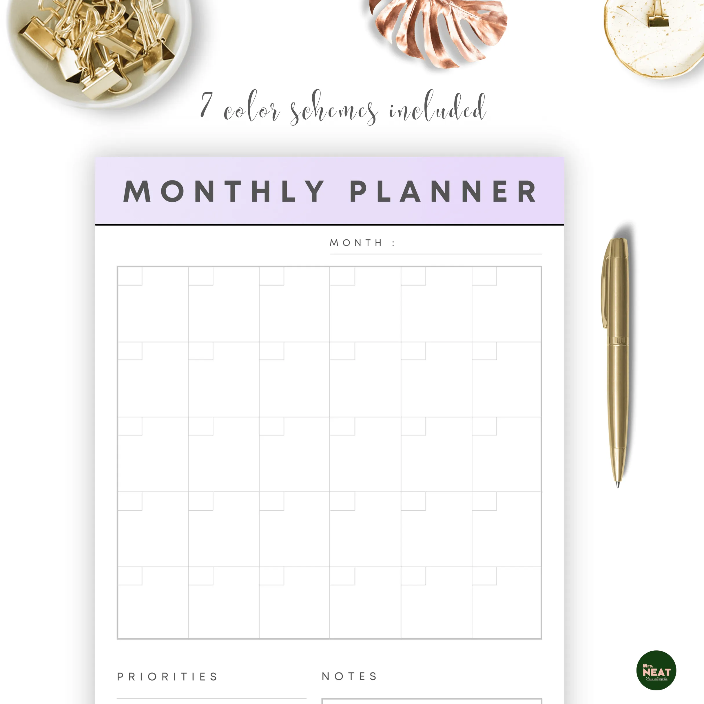 Monthly Planner Printable in 7 Colors - M031