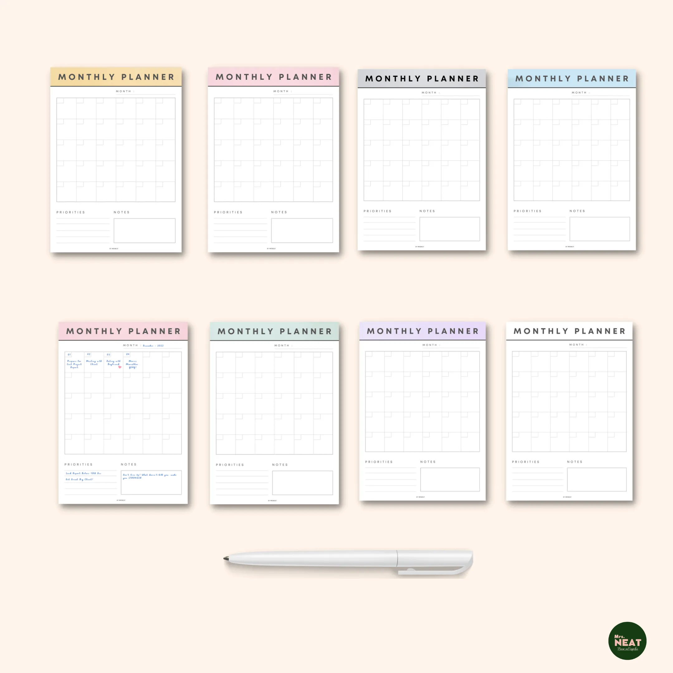 Monthly Planner Printable in 7 Colors - M031