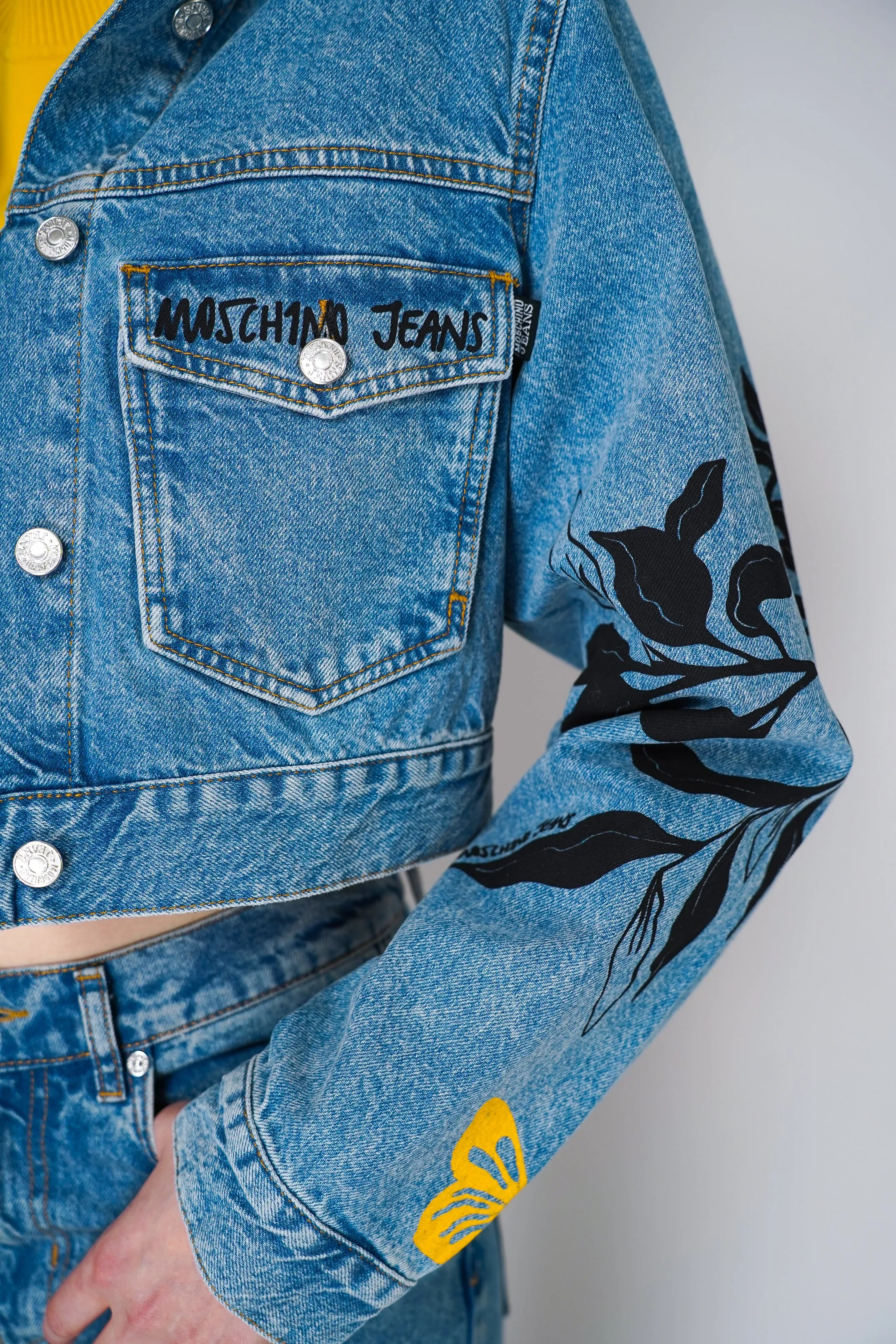 Moschino Jeans Cropped Denim Jacket with Printed Patch Work