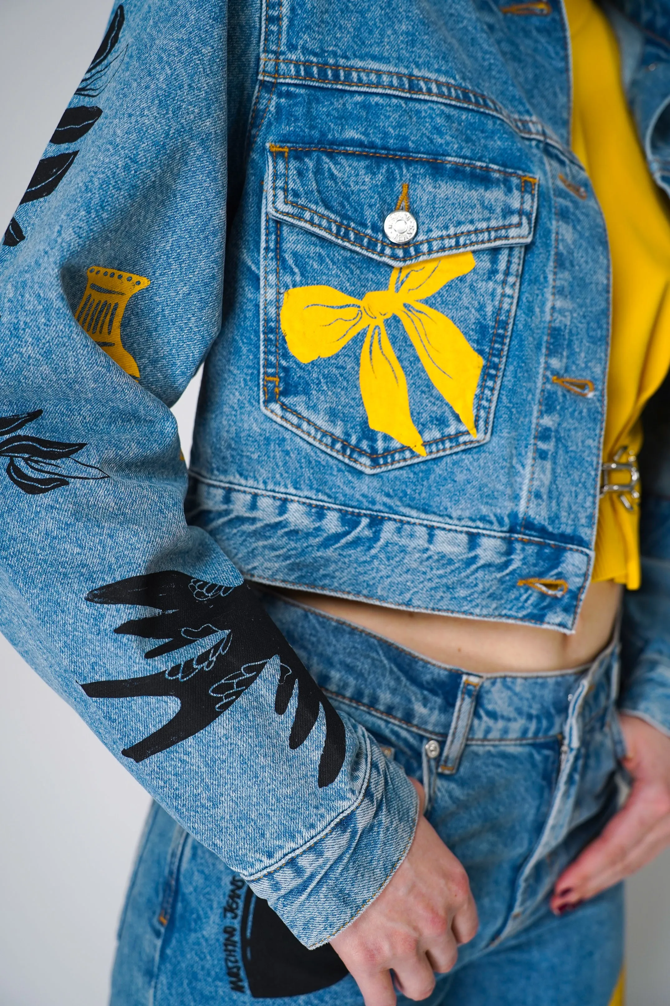 Moschino Jeans Cropped Denim Jacket with Printed Patch Work