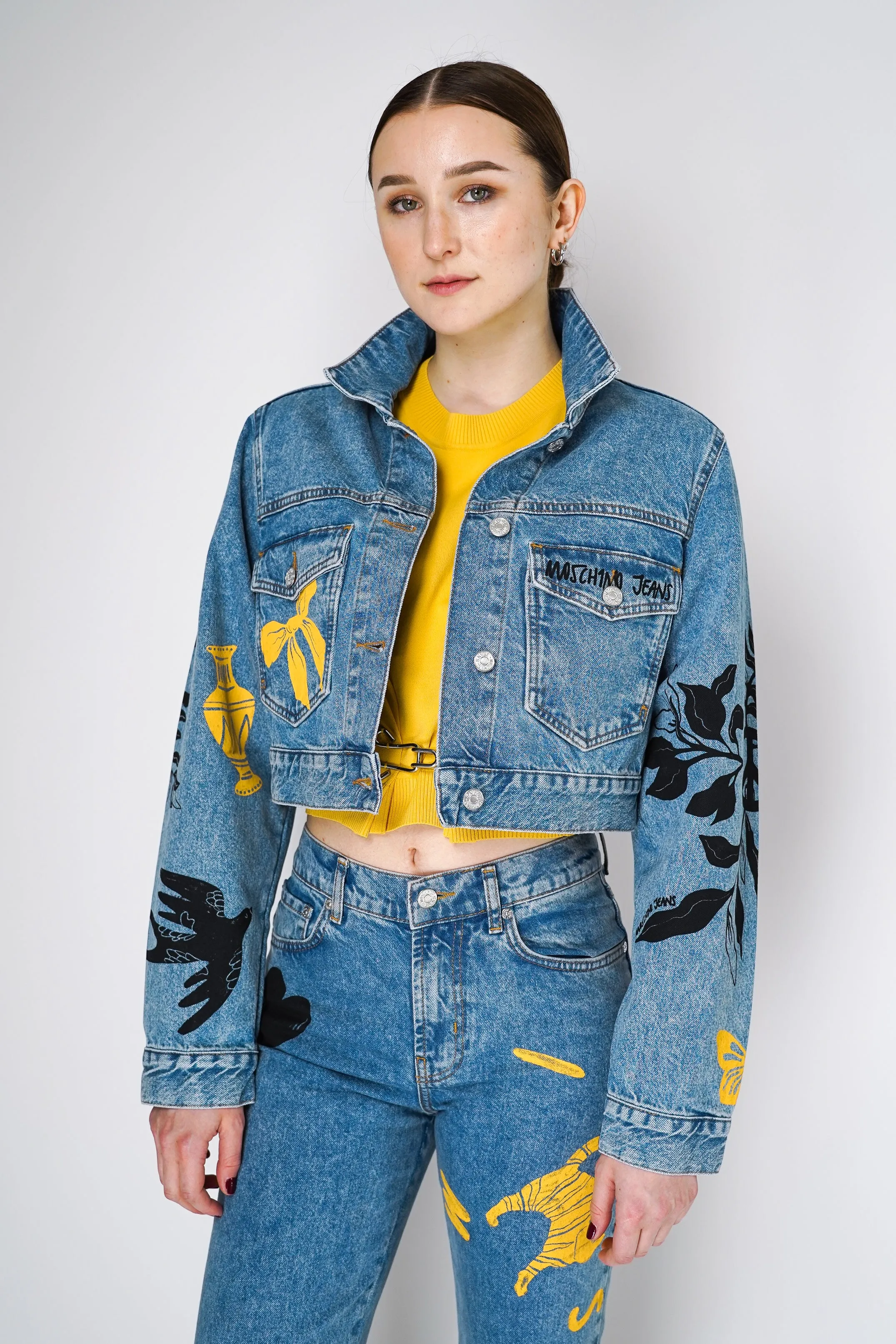 Moschino Jeans Cropped Denim Jacket with Printed Patch Work
