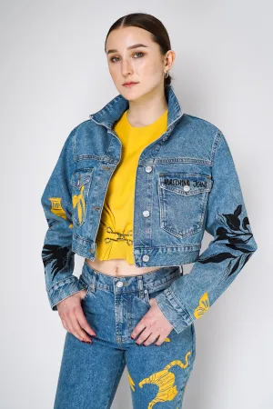 Moschino Jeans Cropped Denim Jacket with Printed Patch Work