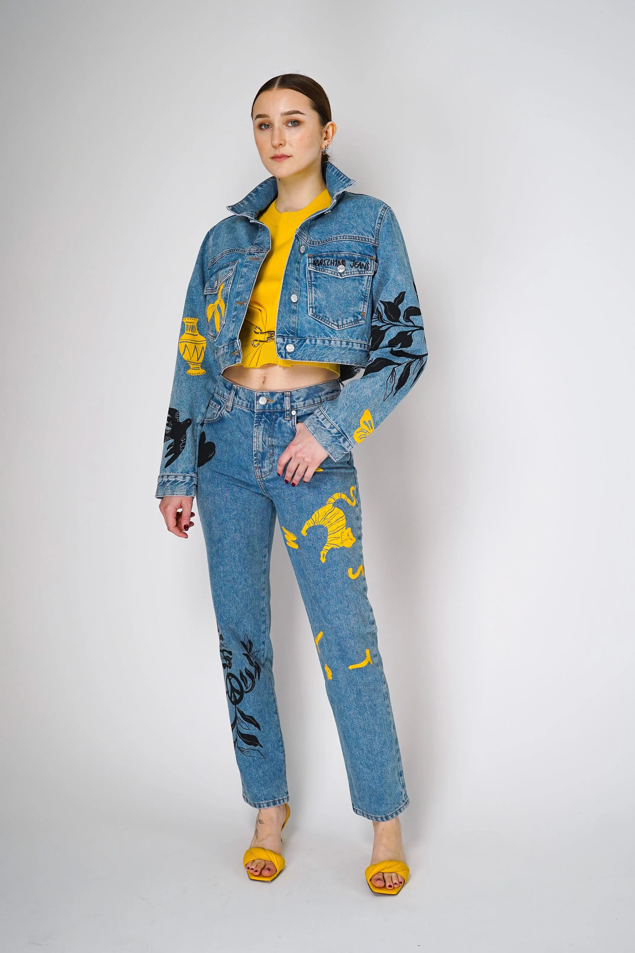 Moschino Jeans Cropped Denim Jacket with Printed Patch Work