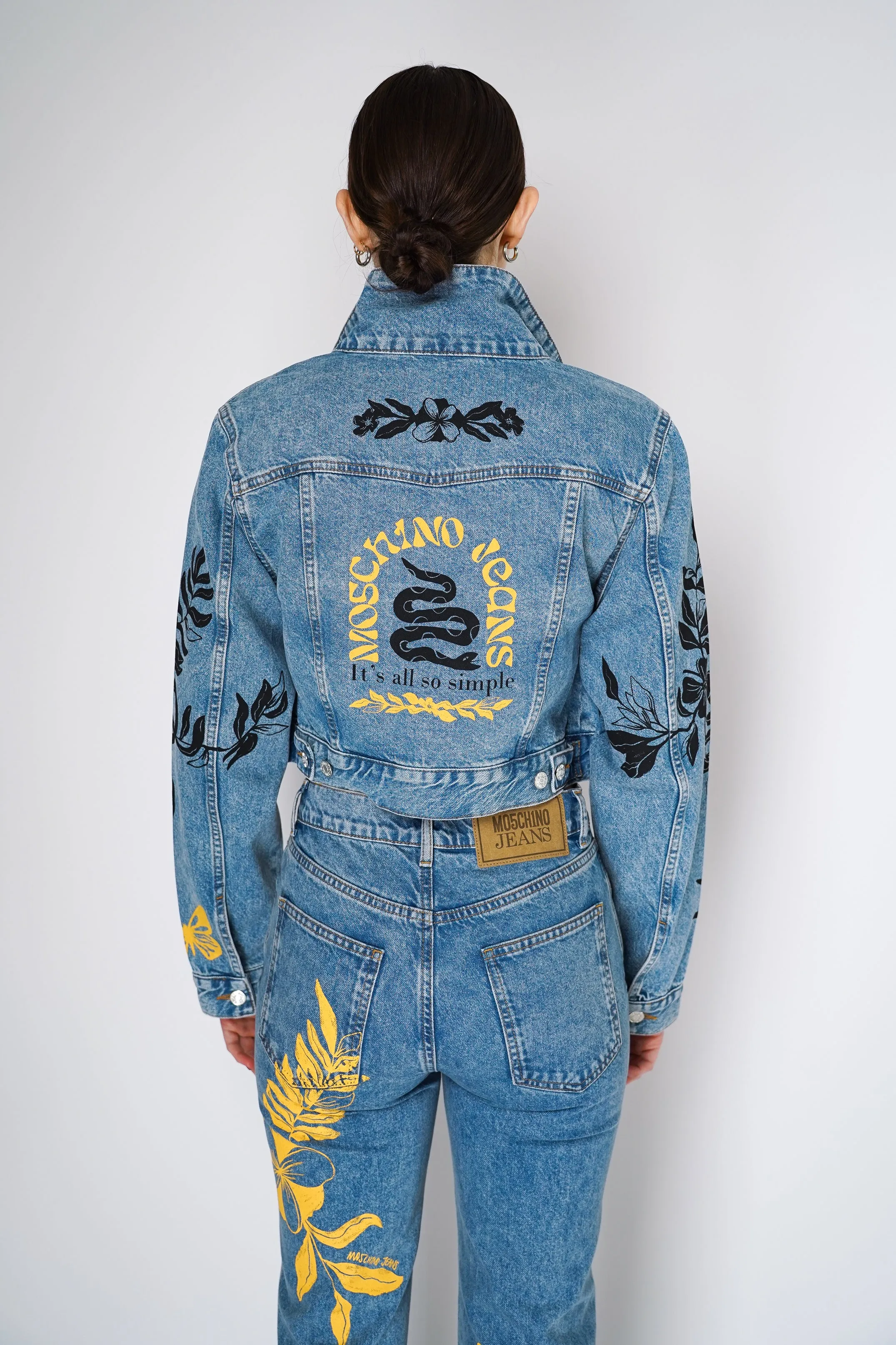 Moschino Jeans Cropped Denim Jacket with Printed Patch Work