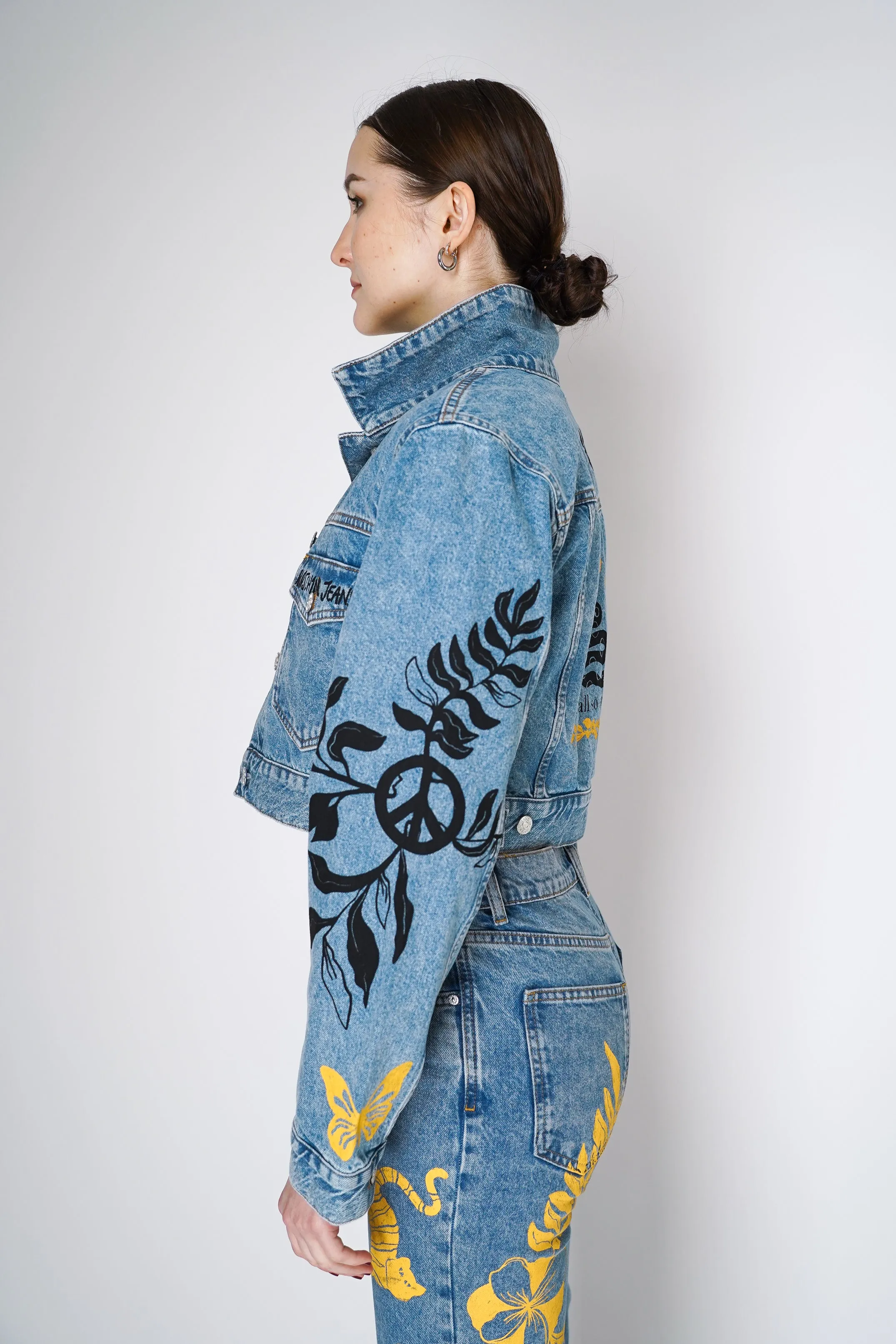 Moschino Jeans Cropped Denim Jacket with Printed Patch Work