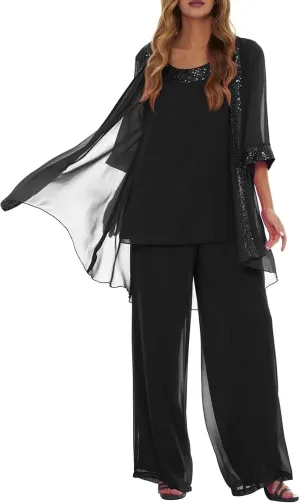 Mother of Bride Pant Suits 3Pcs Chiffon Sequins Wedding Pant Suits for Women Dressy Wedding with Jacket