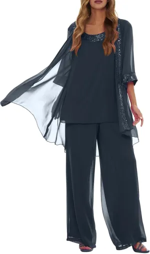 Mother of Bride Pant Suits 3Pcs Chiffon Sequins Wedding Pant Suits for Women Dressy Wedding with Jacket