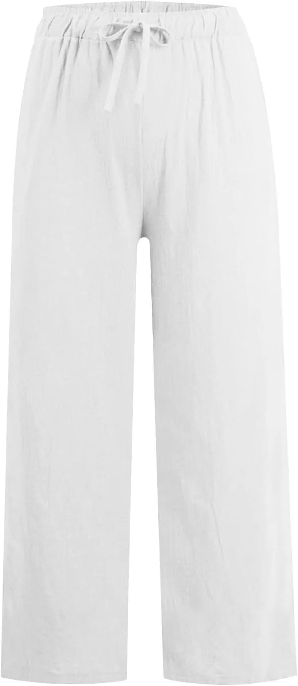 MRGIINRI Womens Cotton Linen Pants 2024 Summer Wide Leg Casual Loose Drawstring High Waist Palazzo Pants Trousers with Pocket