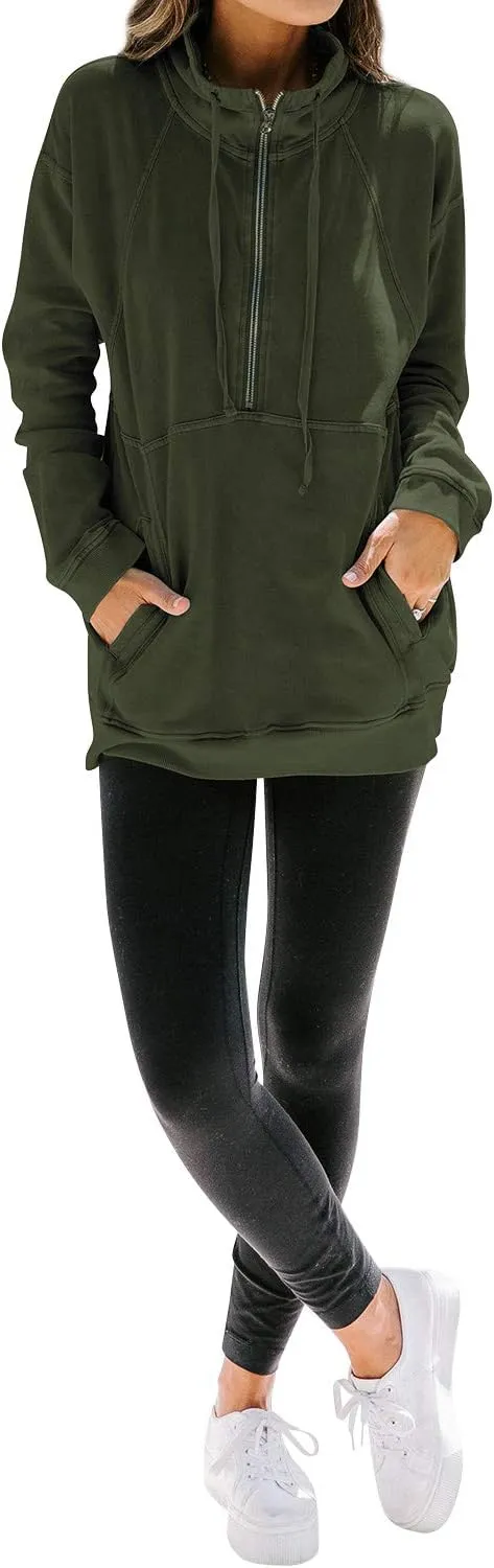 MYMORE Women's Casual Long Sleeve Lapel Half Zip Up Sweatshirts Drawstring Solid Loose Fit Pullover Tops