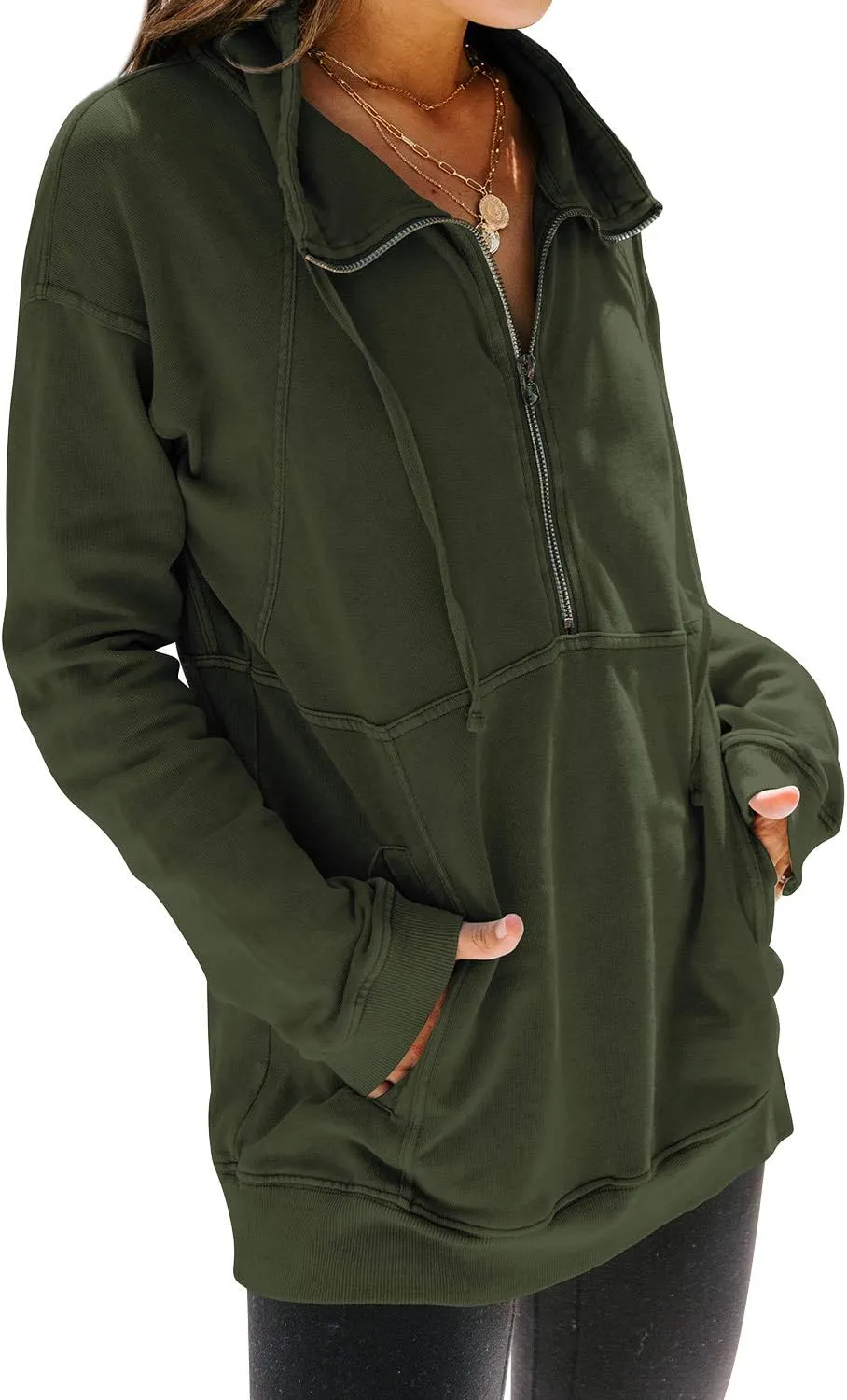 MYMORE Women's Casual Long Sleeve Lapel Half Zip Up Sweatshirts Drawstring Solid Loose Fit Pullover Tops