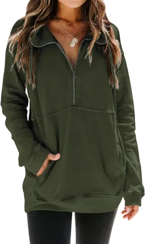 MYMORE Women's Casual Long Sleeve Lapel Half Zip Up Sweatshirts Drawstring Solid Loose Fit Pullover Tops