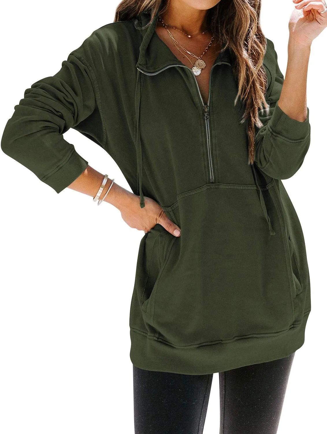 MYMORE Women's Casual Long Sleeve Lapel Half Zip Up Sweatshirts Drawstring Solid Loose Fit Pullover Tops