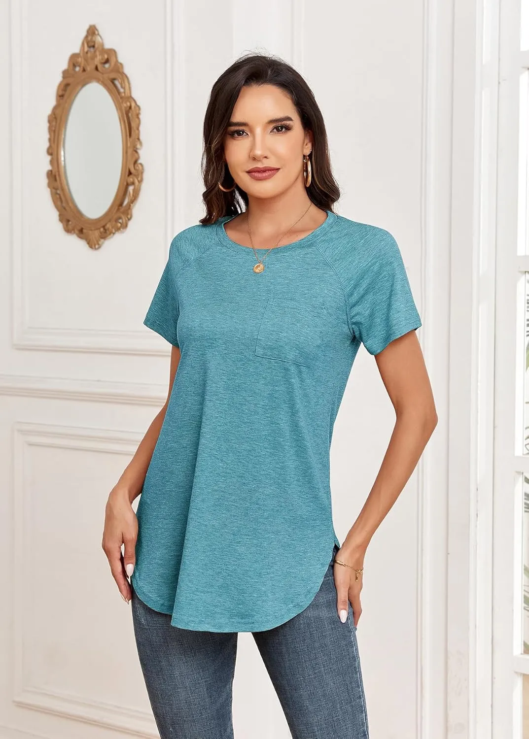 Newchoice Women's Short Sleeve Tunic Tops Casual Round Neck Loose Summer Basic Shirts With Pockets