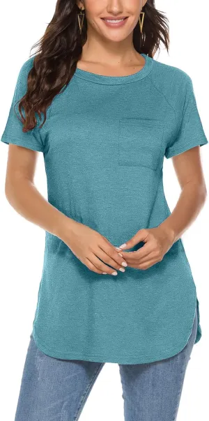 Newchoice Women's Short Sleeve Tunic Tops Casual Round Neck Loose Summer Basic Shirts With Pockets