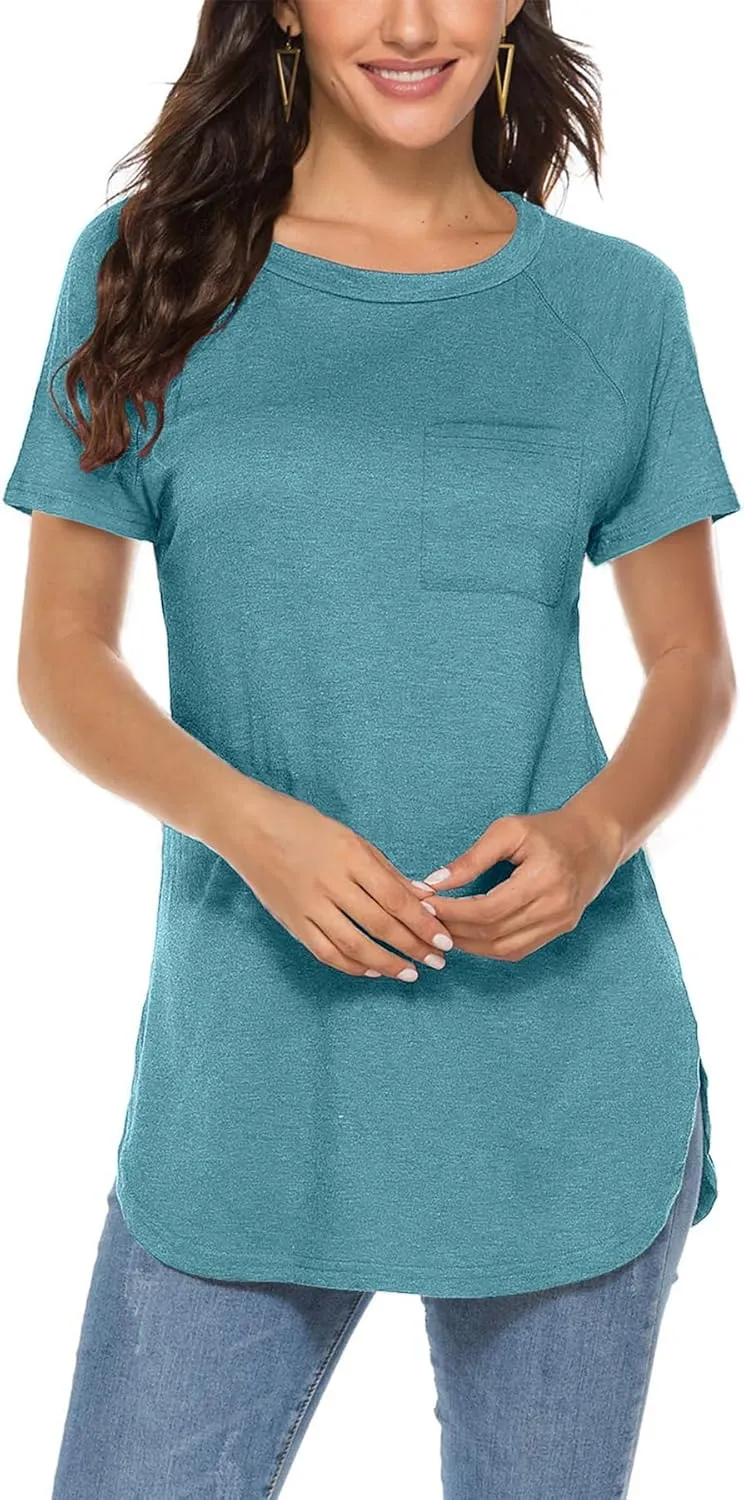 Newchoice Women's Short Sleeve Tunic Tops Casual Round Neck Loose Summer Basic Shirts With Pockets