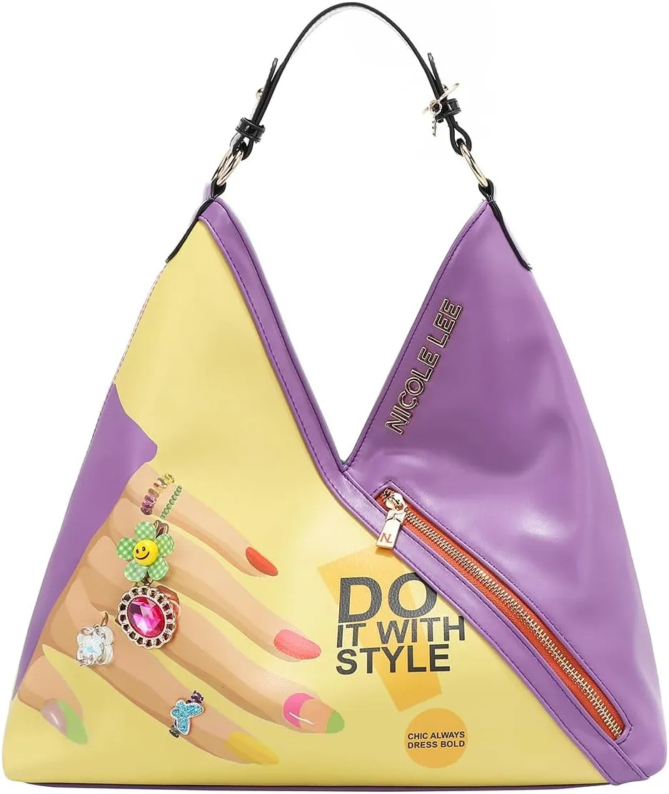 Nicole Lee Hobo Bag, Vegan Leather, Jeweled Front (NAIL POLISH)