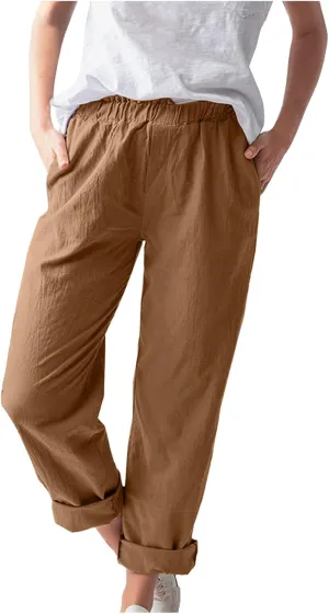 niuwa Cotton Linen Trousers for Women Elastic Waist Solid Color Casual Pants with Pockets Summer Boho Pants (Orange, 2XL)
