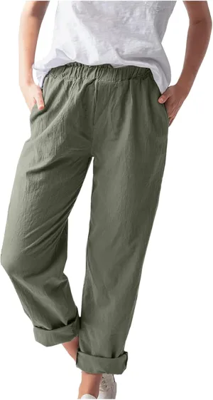 niuwa Cotton Linen Trousers for Women Solid Color Elastic Waist Casual Pants with Pockets Summer Casual Pants (Green, M)
