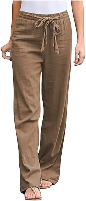 niuwa Women Cotton Linen Trousers Summer Solid Color Wide Leg Pants Elastic Waist Loose Lounge Pants Sweatpants (Khaki, XXXXXL)