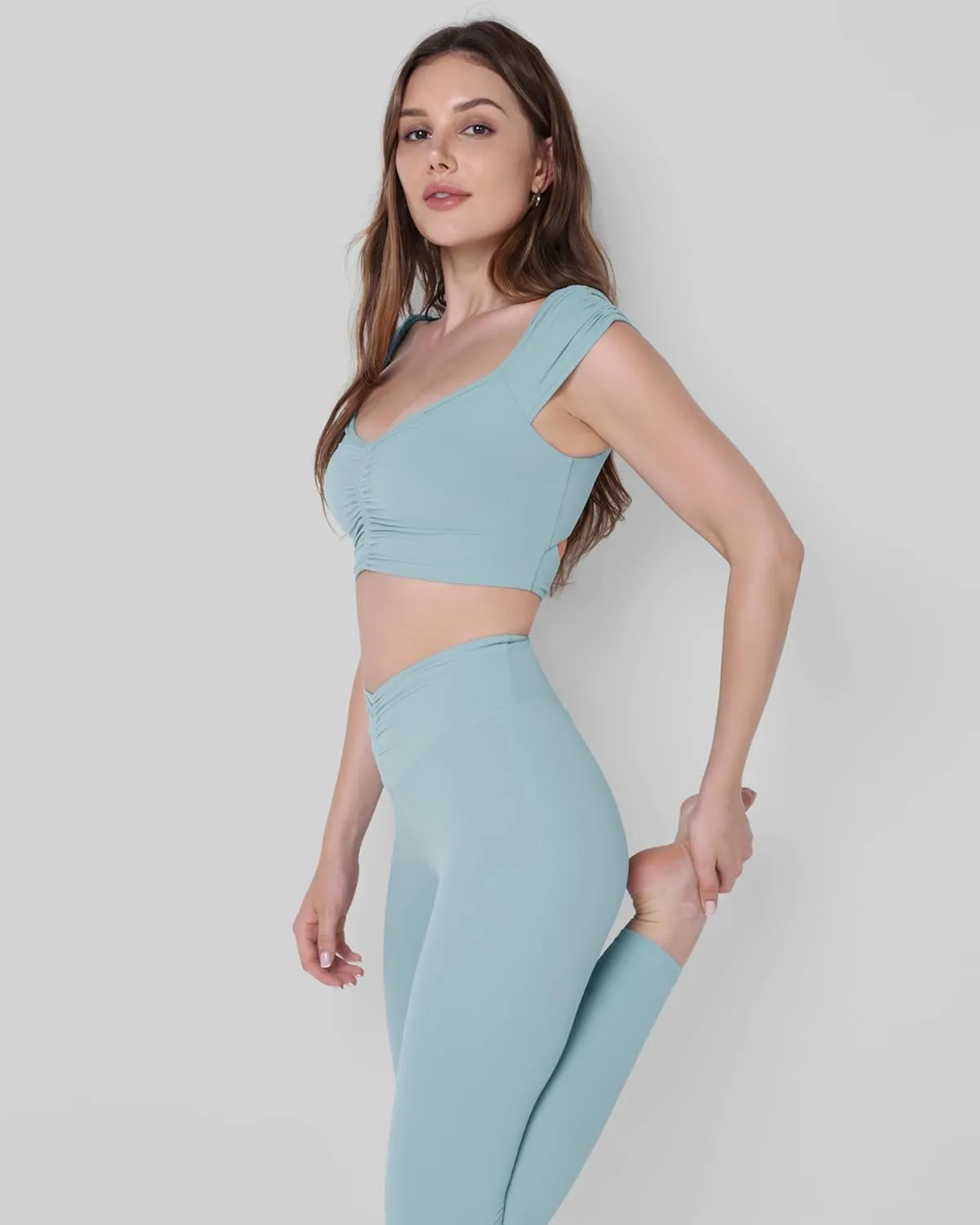 ODODOS Ruched Front Crop Tank for Women V-Neck Cut Out Back Cap Sleeve Cropped Tops