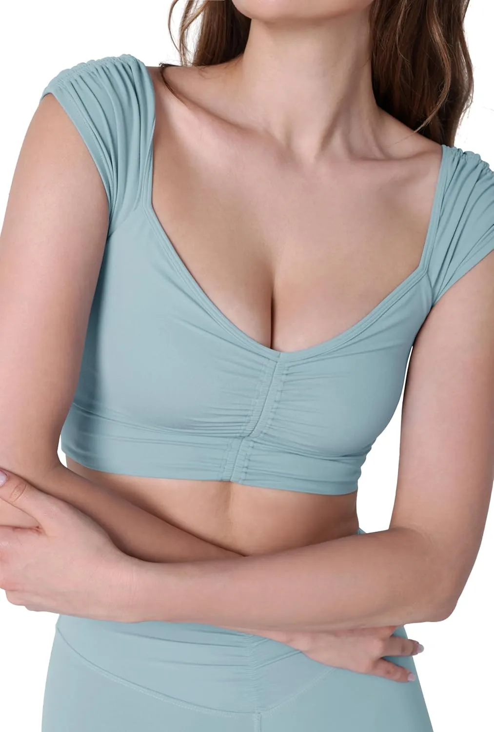 ODODOS Ruched Front Crop Tank for Women V-Neck Cut Out Back Cap Sleeve Cropped Tops