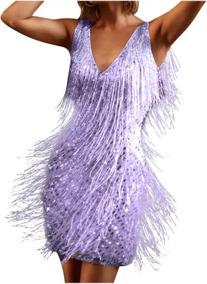 Oplxuo Cocktail Dresses for Women Sexy Deep V-Neck All-Over Fringe Spaghetti Straps Dress Sequins Feather Prom Party Dress