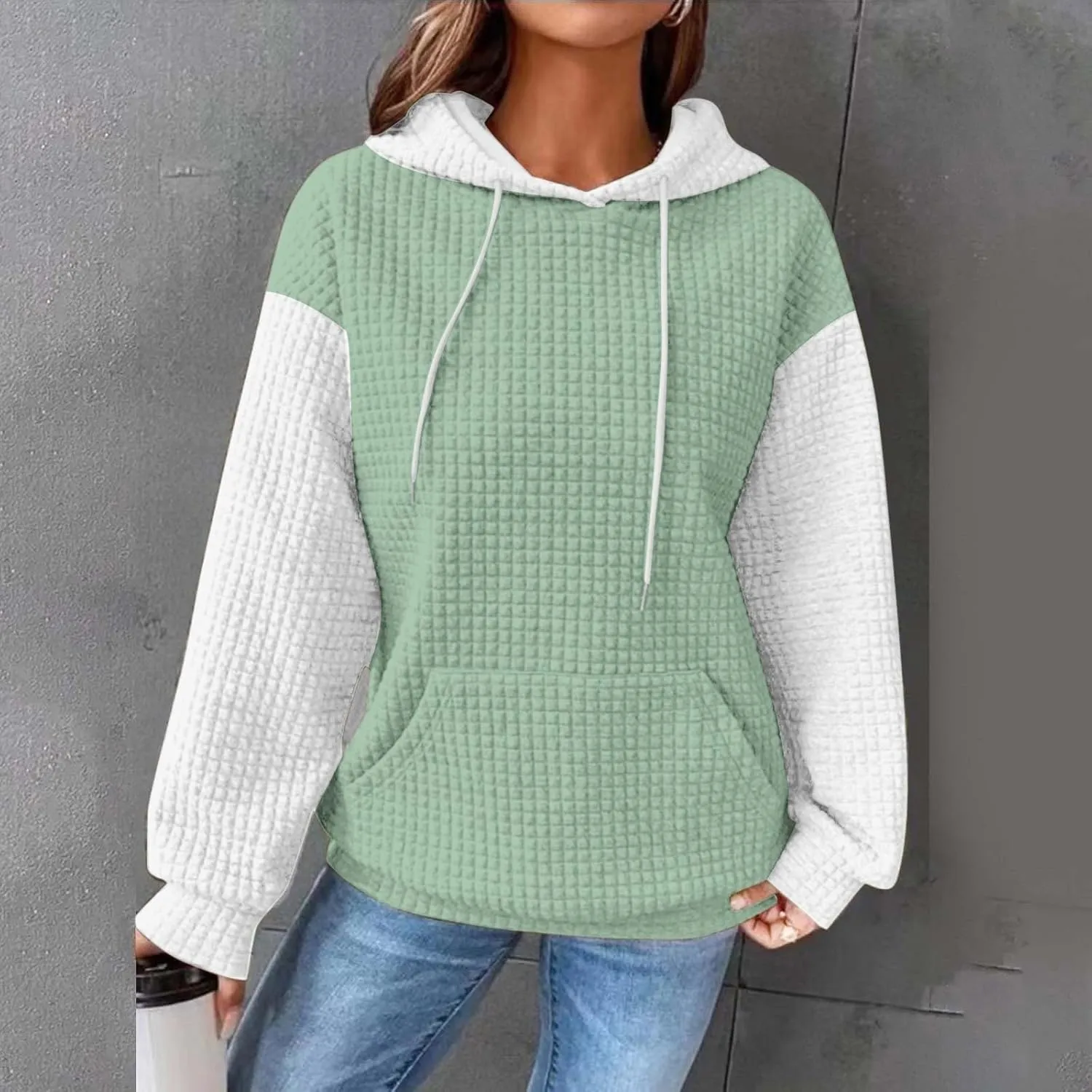 Oversized Hoodies for Women Color Block Waffle Sweatshirts Casual Drawstring Pullover with Pockets Fall Clothes