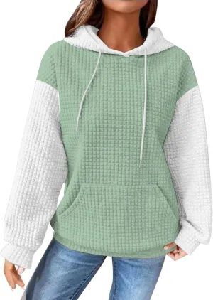 Oversized Hoodies for Women Color Block Waffle Sweatshirts Casual Drawstring Pullover with Pockets Fall Clothes