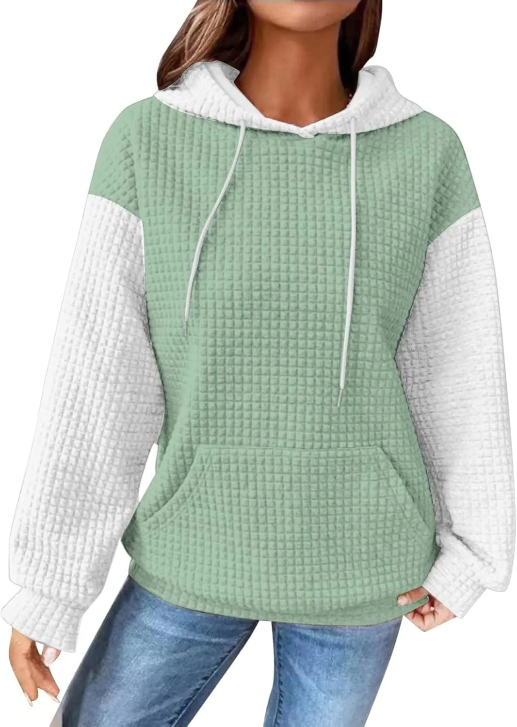 Oversized Hoodies for Women Color Block Waffle Sweatshirts Casual Drawstring Pullover with Pockets Fall Clothes