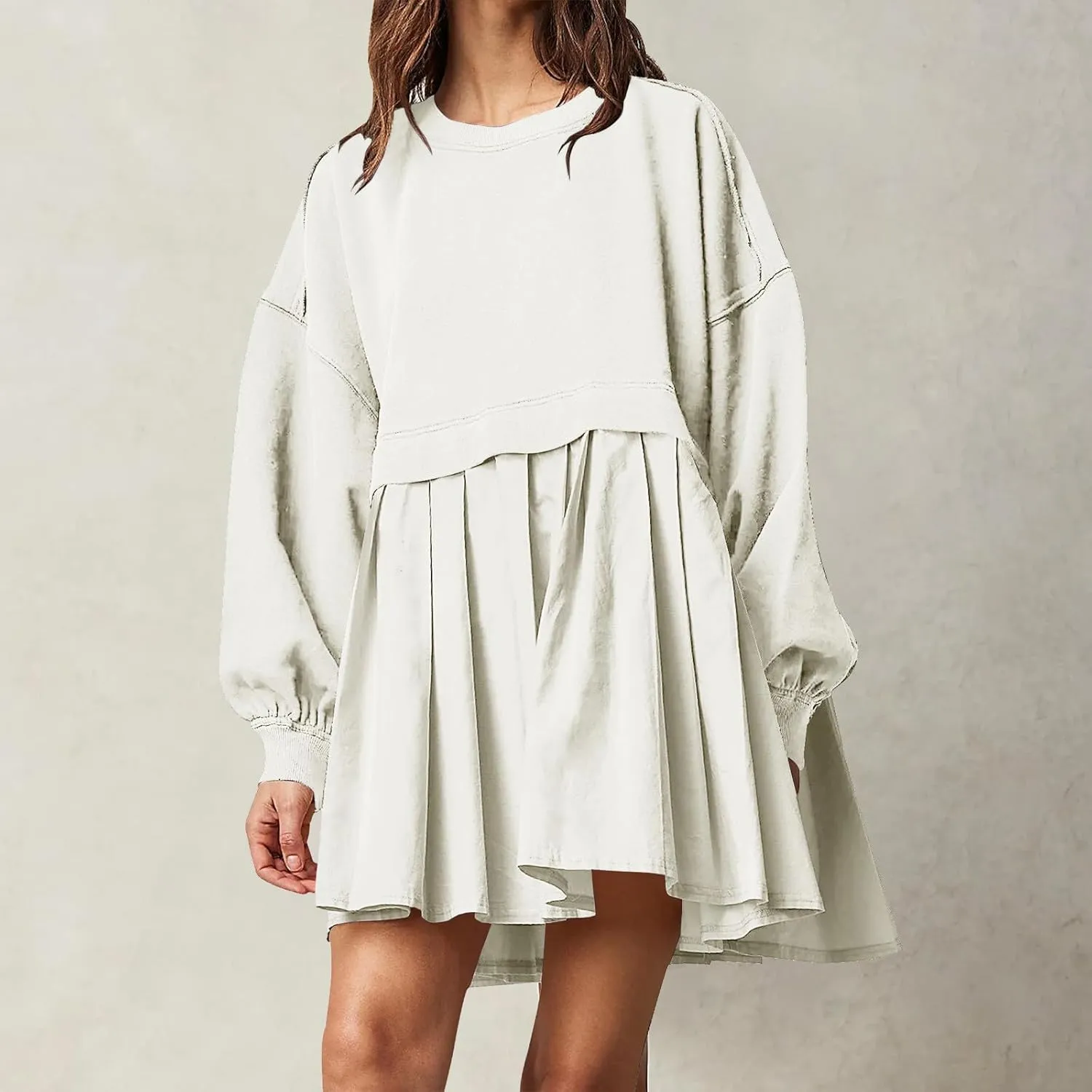 Oversized Sweatshirt Dress for Women Long Sleeve Patchwork Crewneck Pullover Loose Flowy Pleated Tops Mini Dress